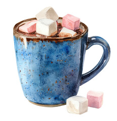 Cozy Watercolor Painting of a Mug with Hot Chocolate and Marshmallows