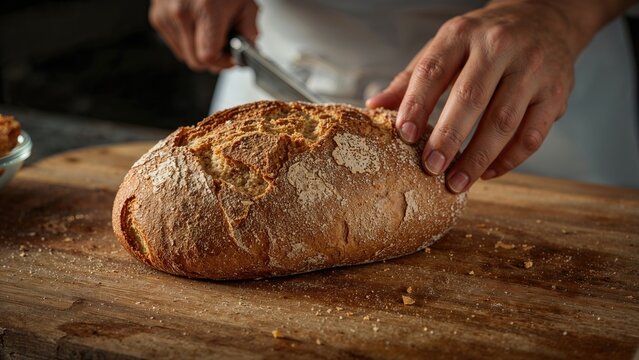 Close-Up of a Baker's Hands Slicing Fresh Bread, High Resolution Image