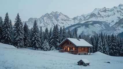 Inviting wooden retreat located in a snowy highland meadow with impressive mountain views.