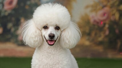 Graceful sizable white poodle featuring a stylish grooming at a pet exhibition