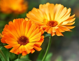 Obraz premium orange and yellow calendula flowers close up on a blurred background