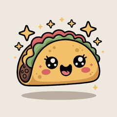 A cartoon taco with a smiling face and stars around it on a light beige background illustration