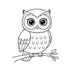 Fototapeta premium Cute cartoon owl perched on a branch black and white line art coloring page printable