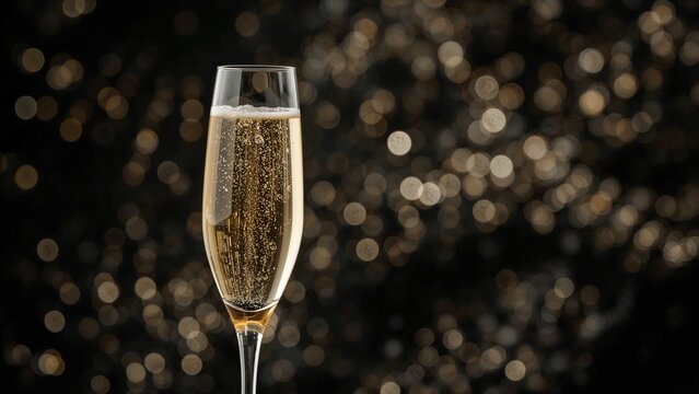 Flute filled with bubbly drink on an out-of-focus light scene