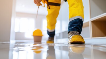 Worker in yellow protective gear walks through floodwater during water damage cleanup and restoration indoors.
