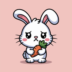 Sad cartoon bunny holding a carrot with pink cheeks and long ears on a light pink background