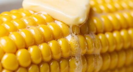 Boiled corn with melted butter dripping off, shot very close-up – satisfying food texture.