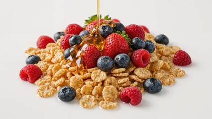 Detailed view of cereal flakes accompanied by fresh berries, honey, and milk for breakfast