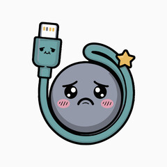 A cartoon usb cable with a sad face and a star attached to it on a white background illustration