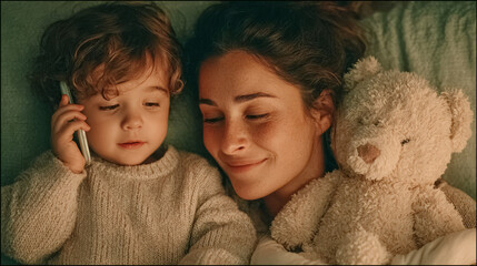 Loving Moments at Home: A Child Talks on the Phone While Cuddling a Teddy Bear Beside Their Smiling Mother in a Cozy Bedroom Setting