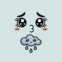 Sad kawaii face with big eyes and a rain cloud mouth on a light blue colored background centered view
