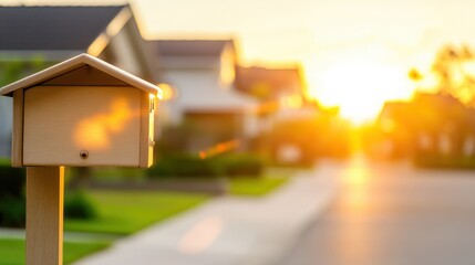 Suburban Mailbox Illuminated by Golden Hour Sunlight on a Quiet Residential Street