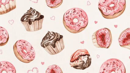 Mark Valentine's Day with a lovely watercolor illustration featuring adorable donuts and cupcakes!
