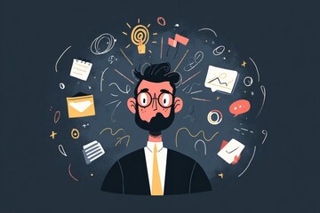 Cartoon illustration showing a man in suit with business icons and lightbulb representing thoughts ideas and problem