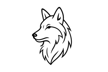 Naklejka premium Wolf head profile logo vector icon. Minimalist line art of a wild animal mascot for emblem design. Stylized canine predator symbol. Simple black and white illustration.