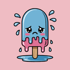 A cartoon popsicle with a sad face melting on a pink background with water droplets around it
