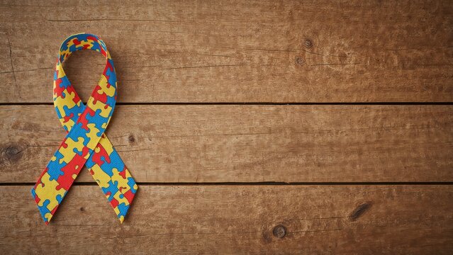 Celebrate the global Autism Awareness Day with a colorful puzzle ribbon laid over an aged wooden backdrop.