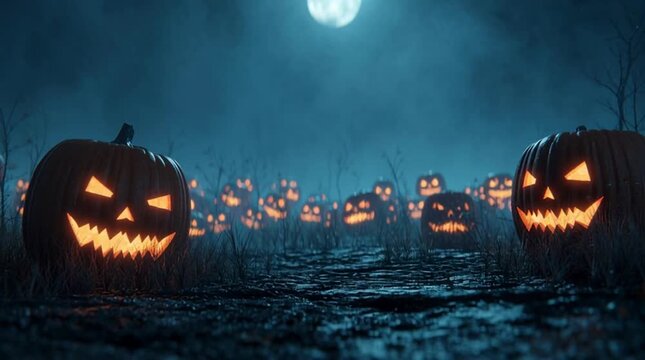 Cinematic loop of a haunted pumpkin patch glowing under full moonlight, fog drifting slowly across the ground, eerie ambiance.