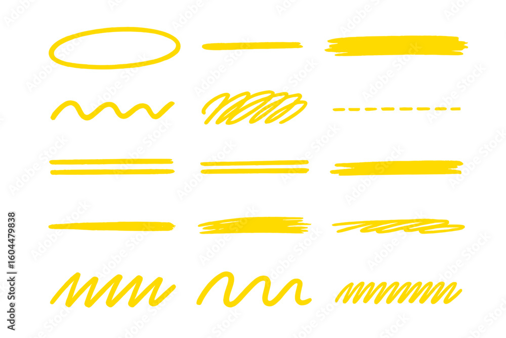 Fototapete yellow highlighter marker strokes vector set. hand drawn scribble, underline, and circle collection.
