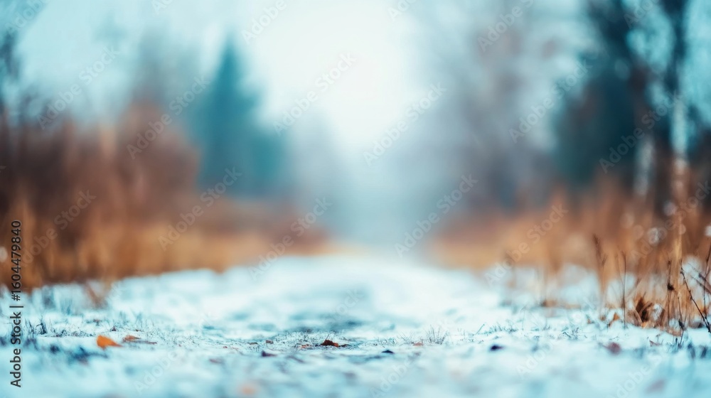 Poster winter path covered in snow with trees in the foggy background