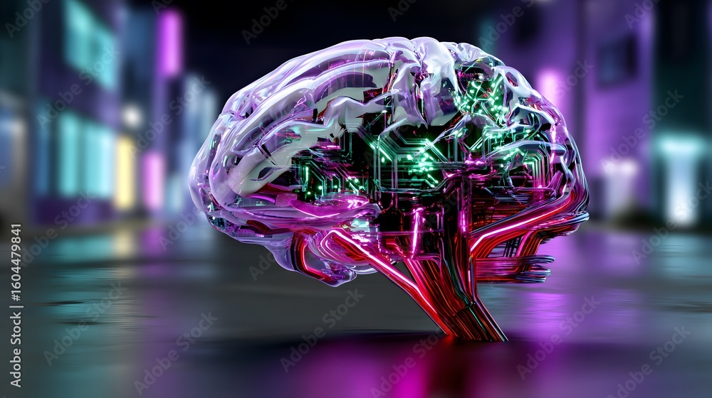 Poster neon glowing brain with circuit patterns