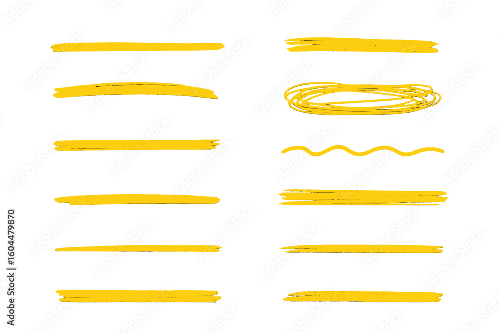 Fototapete yellow highlighter marker strokes set. hand drawn scribble lines, underlines and brush textures. gru