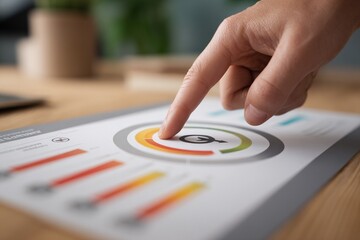 Close up shot of a hand pointing at a circular chart with orange green and yellow segments on a financial report sheet