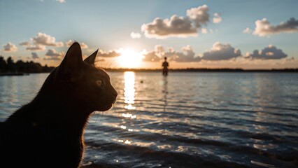 Outline of a feline's head near a lake at sunrise