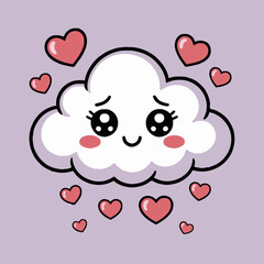 A cartoon cloud with big eyes and a smile surrounded by pink hearts on a light purple background