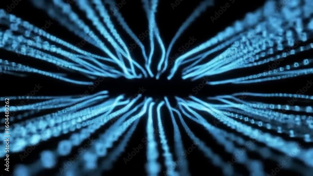 Poster abstract, symmetrical blue data streams emanate from a central point on a black background. each lin
