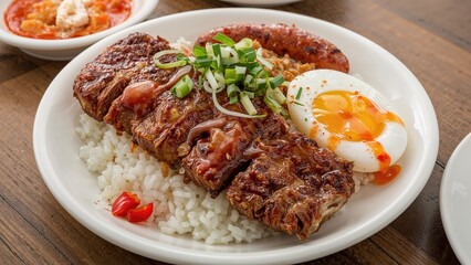 Rice dish featuring barbecued red pork, Chinese sausage, and boiled egg, served with sliced cucumber, spring onions, and a side of pickled chili on a wooden table.