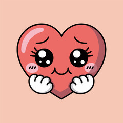 Cartoon heart with big eyes and hands on a peach background expressing a sad or shy emotion