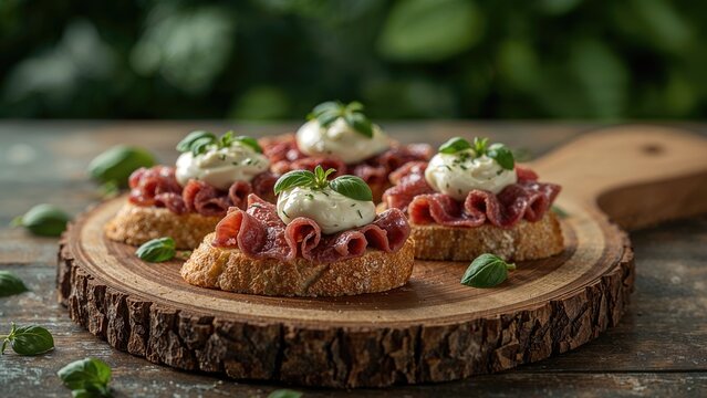 Toasted bread topped with roast beef, mayonnaise, and fresh greens on a wooden platter