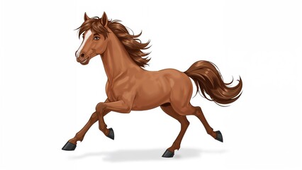 Cartoon-style brown stallion dashing against a white background