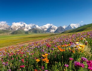 Obraz premium beautiful scenery landscape with colorful flowers and snow mountain in kalajun grassland of xinjiang in summer