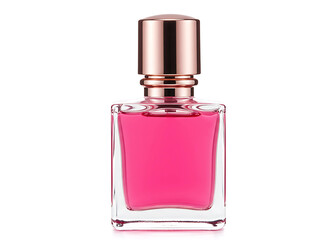 Elegant glass perfume bottle with pink liquid and silver cap on white background