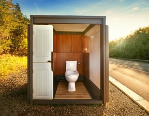 a public restroom cubicle a toilet at a reststop on a major road