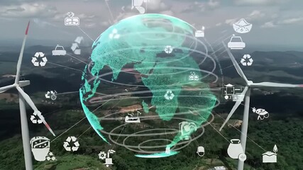 Wind Turbines Generating Renewable Energy with a Digital Globe Overlaying Green Forest in the Countryside - Powered by Adobe