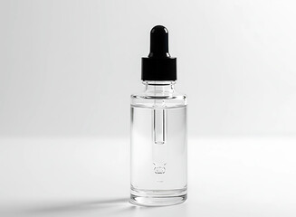 Clear glass dropper bottle with black cap filled with transparent liquid and serum