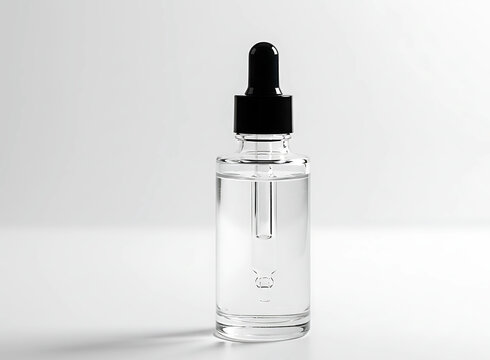 Clear glass dropper bottle with black cap filled with transparent liquid and serum