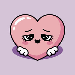 A cute pink heart character with sad eyes and small hands on a light purple background illustration