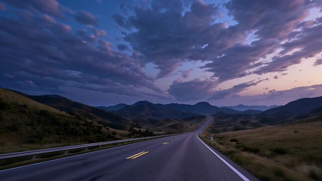Hyper real animated road stretches beneath orange twilight distant mountains glow seamless video k loop provides travel agency o headers meditation backgrounds automotive showreel transitions
