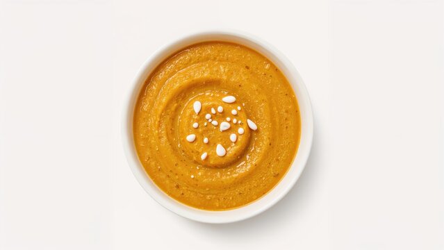 A bowl containing smooth vegetable puree on a plain white surface