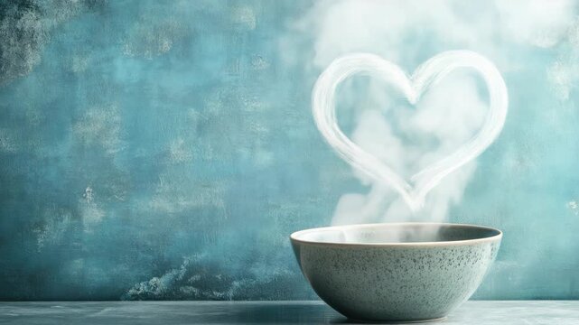 Heart shape drawn in steam above bowl against blue background