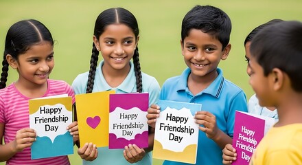 Group of smiling children holding happy friendship day cards in an outdoor setting celebrating together