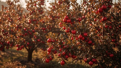 Vibrant crimson pomegranates hanging from branches