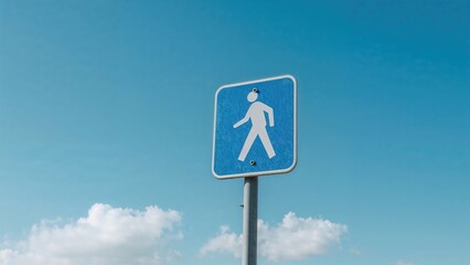 Sky backdrop featuring a blue and white pedestrian crossing symbol