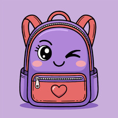 Cartoon backpack with a winking face and heart on the pocket against a lavender background
