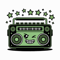 A green cartoon boombox with a winking face surrounded by stars on a white background illustration