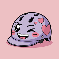 A cartoon bicycle helmet with a face and hearts on a pink background in a digital illustration